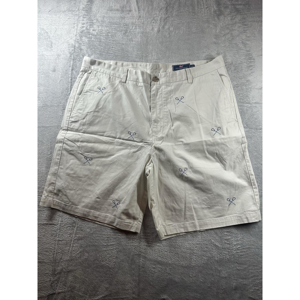 Vineyard Vines Breaker Shorts‎ Mens 40 Ivory Lacrosse Print Embroidered 1H0424